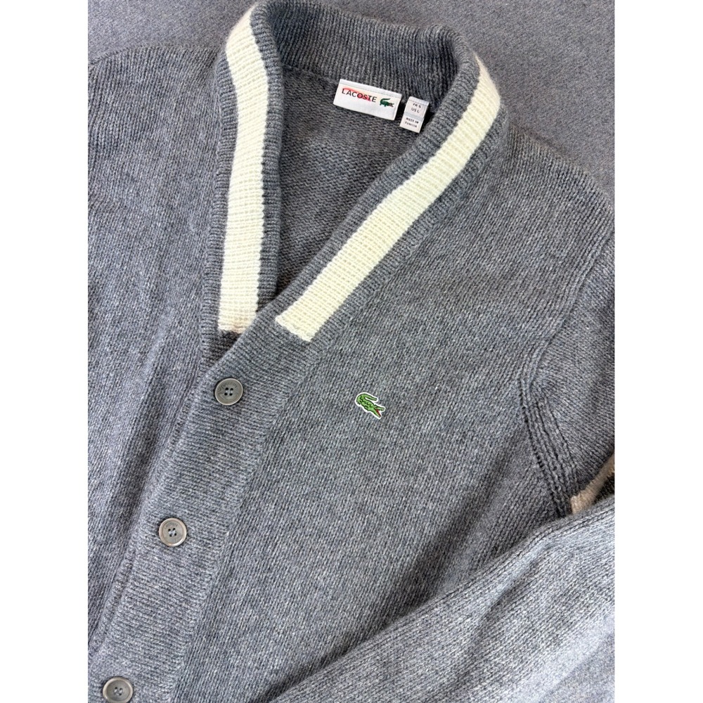 Lacoste Cardigan Sweater Mens Large Gray Wool Blend Preppy L/S Trim Knit